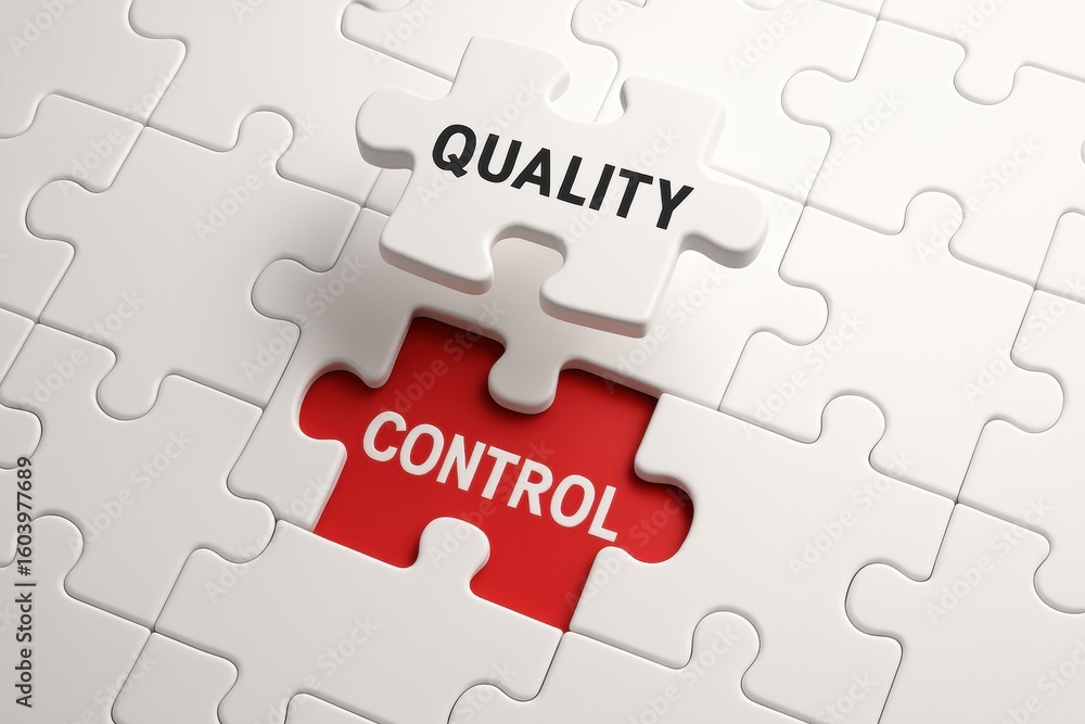 Poster quality control puzzle: high-angle view of a puzzle with the words quality and control, emphasizing 