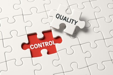 Quality Control Puzzle: A symbolic representation of quality control with the word Quality and Control on jigsaw pieces, emphasizing the interconnectedness of the process.