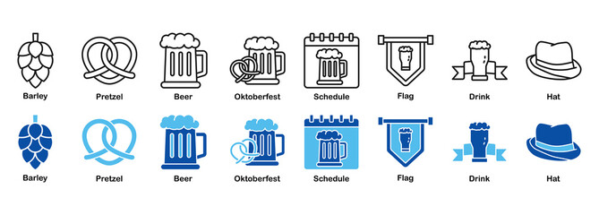 Oktoberfest Celebration & Beer Festival Icon Set - Outline and Duotone 