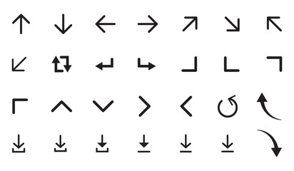Arrow Icon Grid. 30 Directional Symbols Including Curved, Straight, and Corner Designs for UI Navigation, Diagrams, and Digital Interfaces.