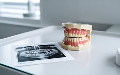 Close up of a dental model of human teeth alongside a panoramic dental x ray on a clean white surface in a bright modern dental clinic