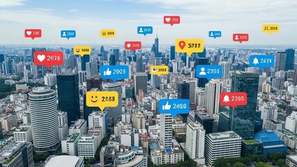 Social media notifications and icons float above a sprawling cityscape, symbolizing digital engagement and online communication within an urban environment - Powered by Adobe