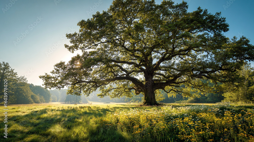 Poster a large oak tree in a field with wildflowers and a forest in the background