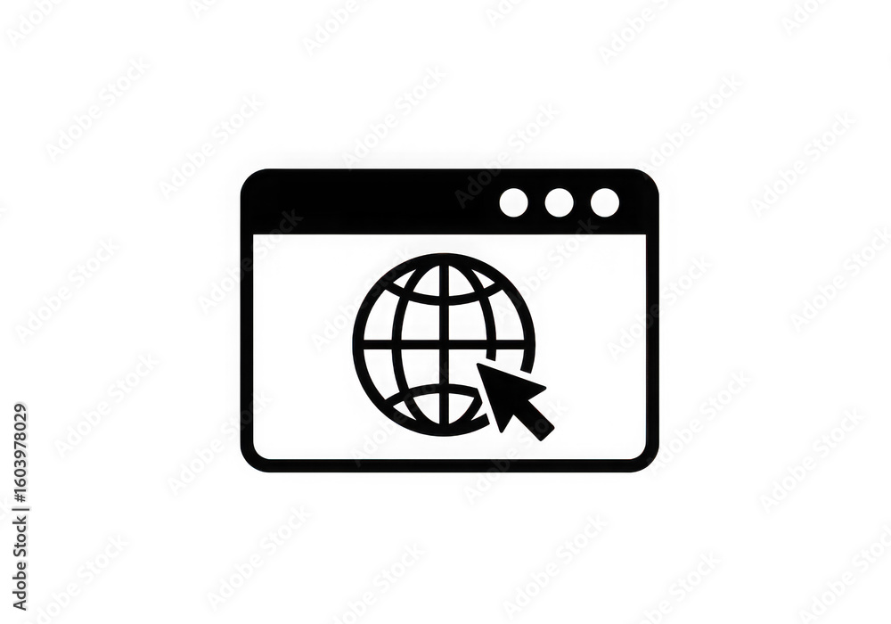 Poster a globe inside a browser window with a cursor pointing at it a black and white icon symbolizing inte