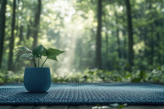 A serene plant in a blue pot sits on a textured mat, with a blurred forest background. - Powered by Adobe