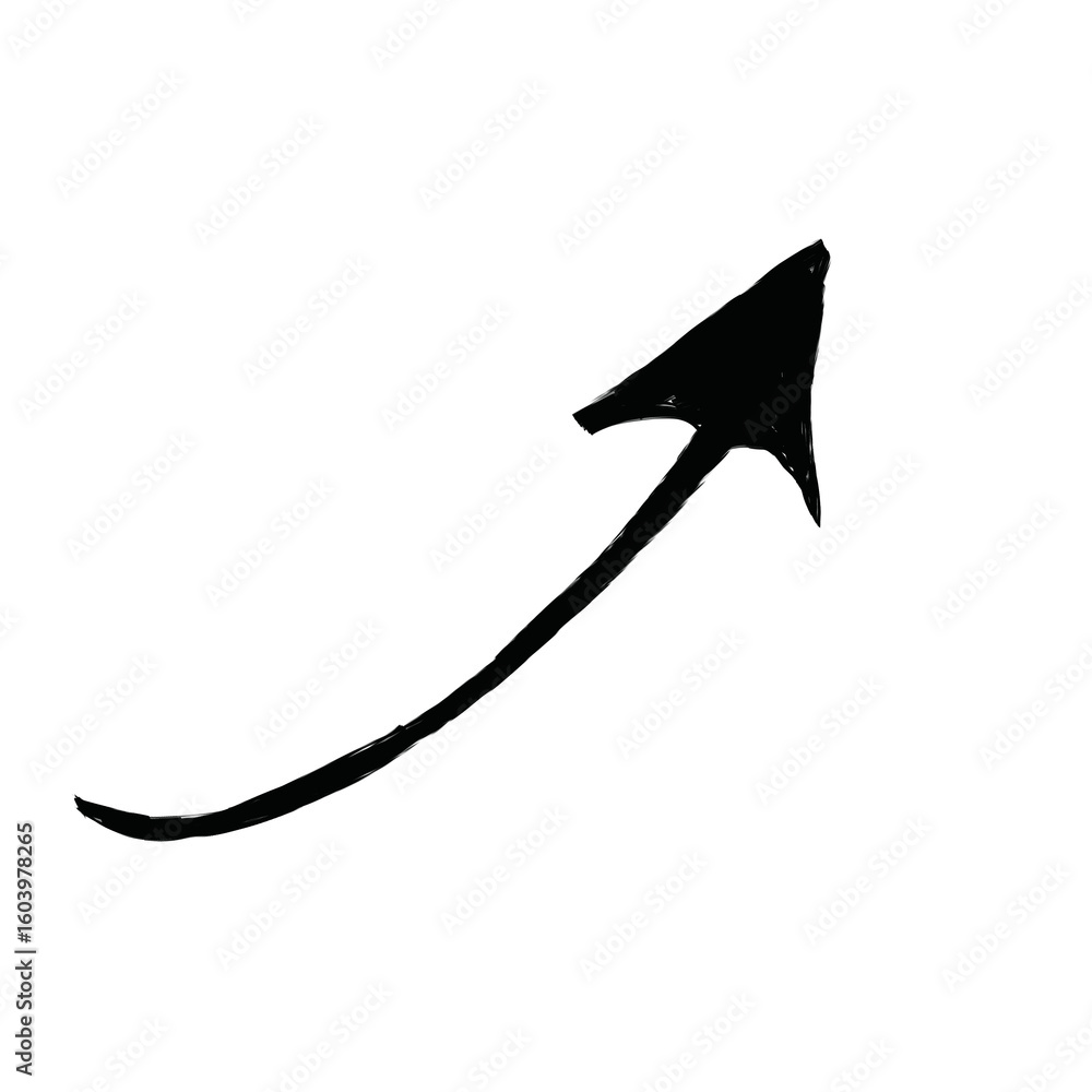 Poster artistic hand-drawn black arrow pointing upwards with a curved line isolated on transparent backgrou