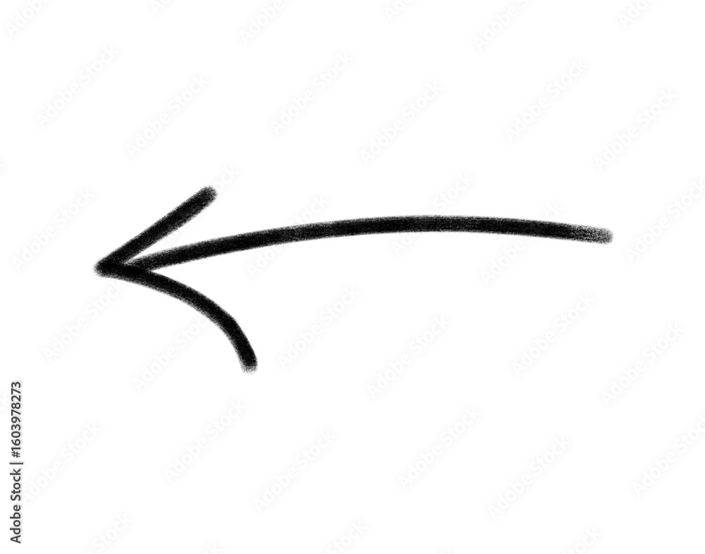 Poster simple black arrow pointing left, illustrated with soft edges and dynamic flow on transparent backgr