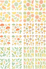 Colorful Fruit Mushrooms and Leafy Patterns.