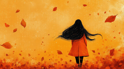 Woman in Orange Coat Walking in Autumn Leaves, Back View, Warm Golden Light