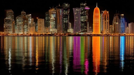 City Skyline at Night with Colorful Reflections on Water