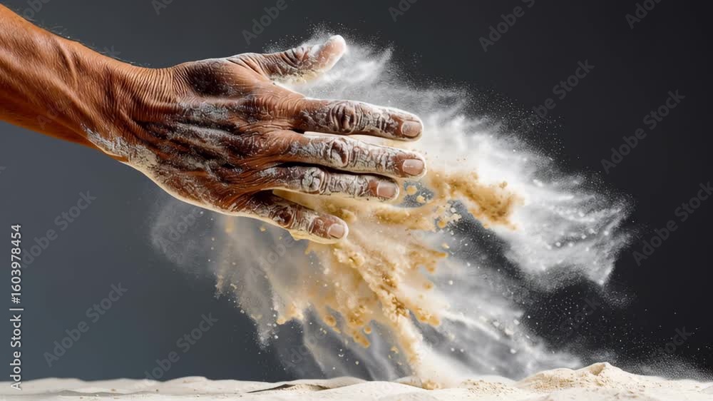 Poster hand in motion dispersing fine powder, showcasing dynamic movement and texture, with grains of sand 
