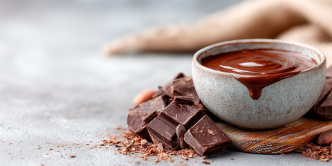 Rich, glossy chocolate sauce drips from the edge of a small bowl, surrounded by chunks of dark chocolate and sprinkled cocoa, creating a decadent scene.