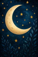 Naklejka premium Whimsical crescent moon and stars illuminating a dark starry night sky with foliage