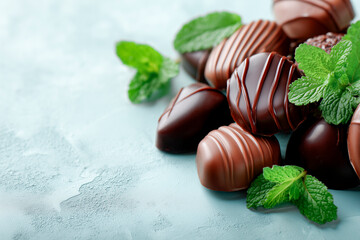 An assortment of elegantly crafted chocolate pralines with decorative drizzles rests beside fresh mint leaves on a soothing blue background.