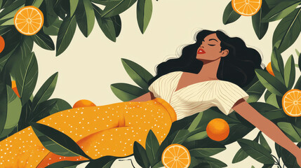 Woman in Orange Dress Resting Amidst Lush Citrus Leaves
