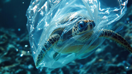 Turtle Struggling in Plastic Waste Underwater
