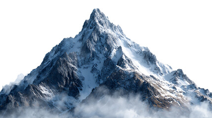 A majestic snowcapped mountain peak shrouded in clouds against white isolated on transparent background