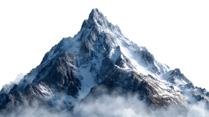 A majestic snowcapped mountain peak shrouded in clouds against white isolated on transparent background