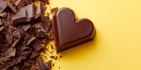 A heart-shaped piece of dark chocolate rests on a vibrant yellow background, surrounded by chunks of rough chocolate, creating a charming and inviting visual.
