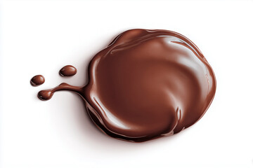 A glossy pool of rich dark chocolate sits on a white background, with small droplets nearby, highlighting its smooth texture and luscious appearance.