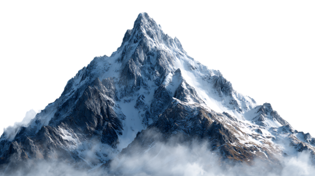 A majestic snowcapped mountain peak shrouded in clouds against white isolated on transparent background