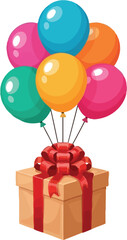 A cheerful gift box adorned with a vibrant red bow is topped with a colorful bunch of balloons, perfect for celebrations, birthdays, and festive occasions.