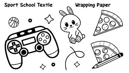 Playful line art collection with gamepad, cute bunny, pizza slices, and stars ready for creative projects or fun educational activities