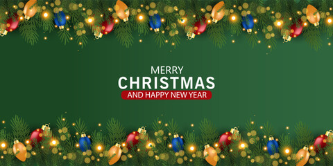 Christmas banner and poster with fir branches confetti and sparkles of gold lights blur bokeh on red, green, blue background. Bright merry Christmas and New Year cards, flayer set design holiday frame