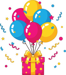 A festive cartoon illustration showcases a vibrant gift box adorned with a golden bow, accompanied by a cheerful bunch of colorful balloons and confetti.