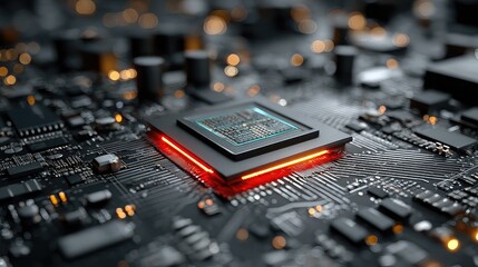 Central glowing chip with core processor highlights deep tech layers, performance capability, and modern computing hardware innovation
