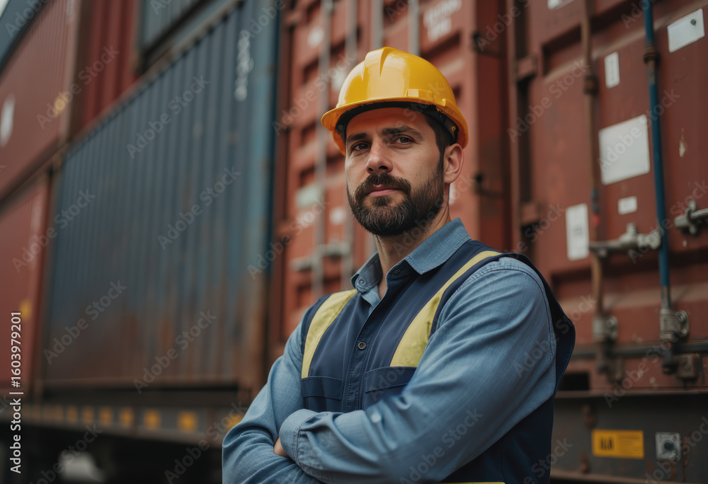 Poster cargo handler supervising freight loading operations at a shipping yard