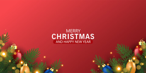 Christmas banner and poster with fir branches confetti and sparkles of gold lights blur bokeh on red, green, blue background. Bright merry Christmas and New Year cards, flayer set design holiday frame