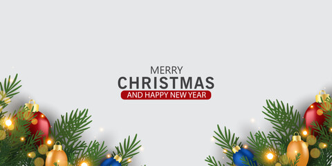 Christmas banner and poster with fir branches confetti and sparkles of gold lights blur bokeh on red, green, blue background. Bright merry Christmas and New Year cards, flayer set design holiday frame