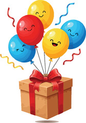 A delightful gift box adorned with a vibrant red bow is lifted by a cheerful bunch of colorful balloons, creating a festive and joyful celebration scene.