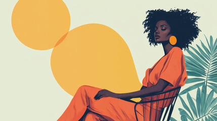 Woman in Orange Jumpsuit Relaxed in Chair Tropical Leaves Yellow Background