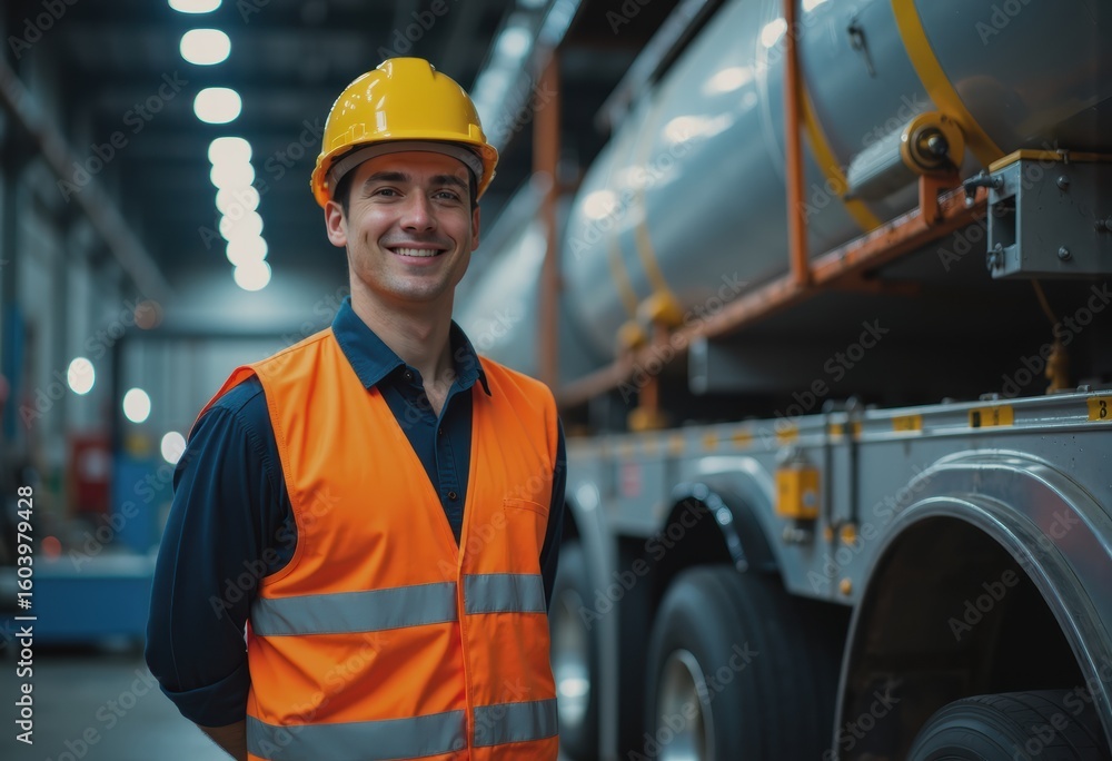 Poster cargo handler supervising freight loading operations with a smile