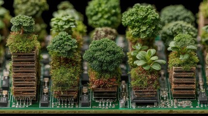 Circuit board sprouts tiny green plants, visualizing tech-nature coexistence, digital agriculture, and eco-systemic design