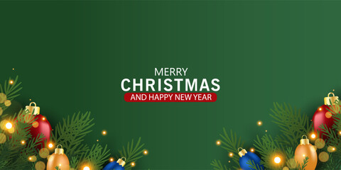Christmas banner and poster with fir branches confetti and sparkles of gold lights blur bokeh on red, green, blue background. Bright merry Christmas and New Year cards, flayer set design holiday frame