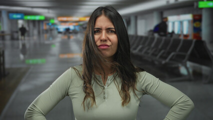 Woman with concerned expression at airport terminal, wearing green shirt, posing indoors with hands on hips, background shows blurred seating and bright signs.