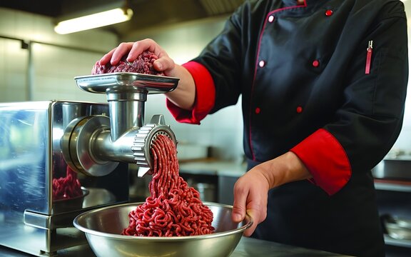 Professional chef in a black uniform with red accents meticulously grinds fresh red meat using a commercial meat grinder in a clean kitchen setting