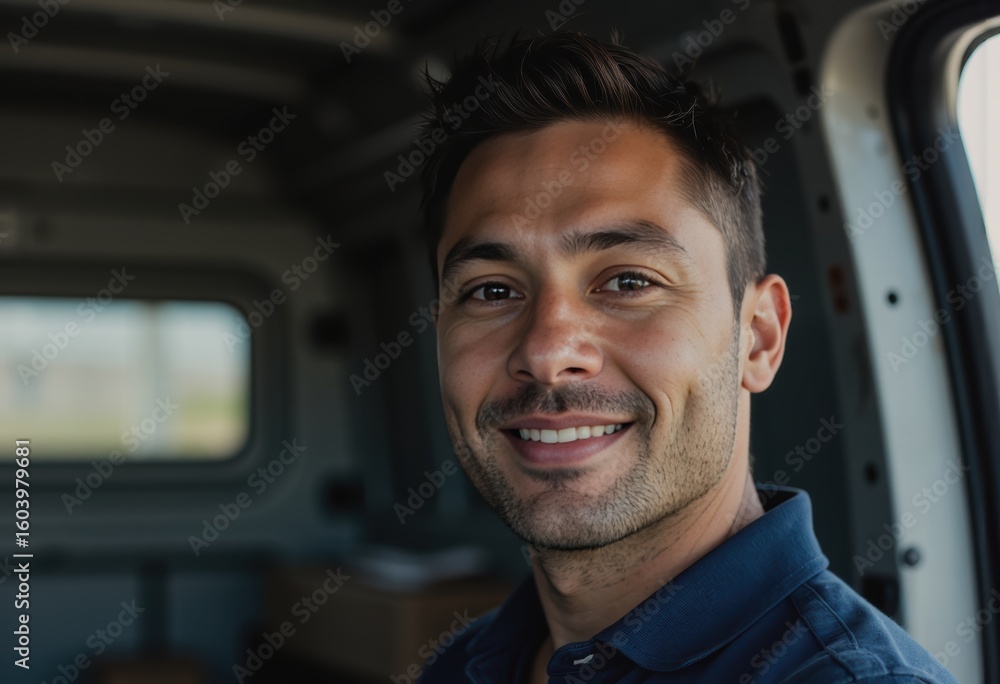 Poster delivery driver smiling while organizing package distribution in a van