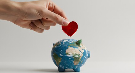 Hand Inserting Heart Coin into Earth Piggy Bank