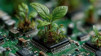 Circuit board sprouts tiny green plants, visualizing tech-nature coexistence, digital agriculture, and eco-systemic design