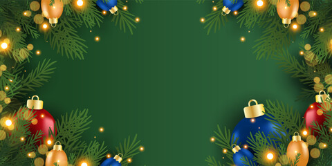 Christmas banner and poster with fir branches confetti and sparkles of gold lights blur bokeh on red, green, blue background. Bright merry Christmas and New Year cards, flayer set design holiday frame