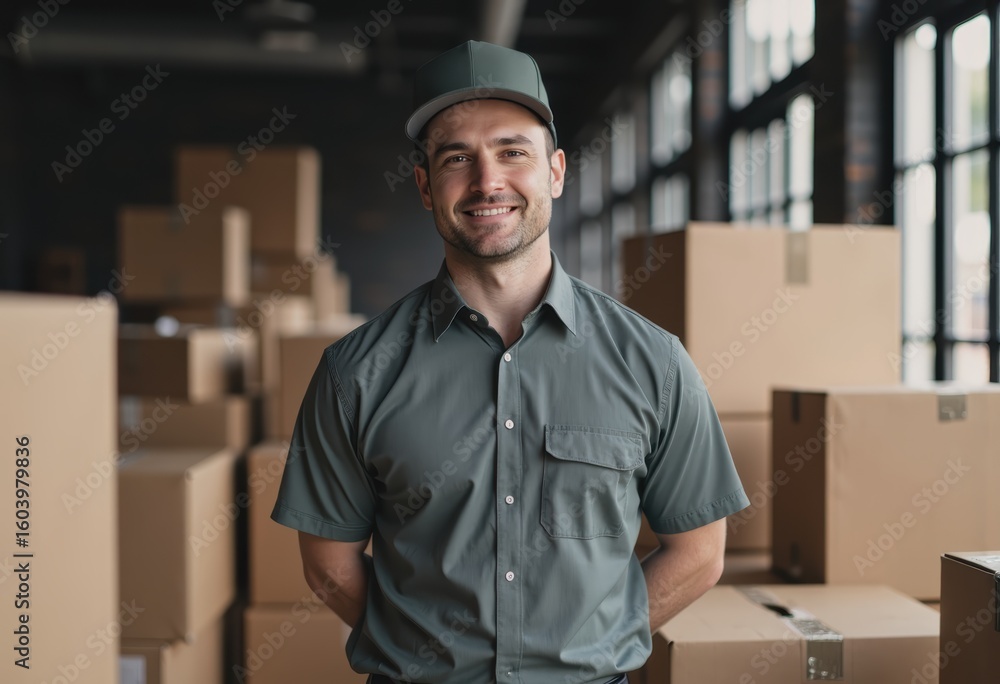 Poster delivery driver smiling while organizing package distribution in a warehouse