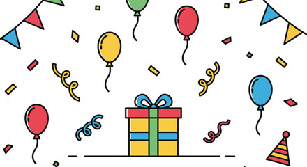 Festive celebration illustration featuring colorful balloons, a gift box, confetti, streamers, and a party hat, perfect for birthday greetings and event invitations.