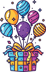 A vibrant gift box illustration bursts with colorful balloons, ribbons, and confetti, perfect for celebrations, birthdays, and festive occasions with a cheerful design.
