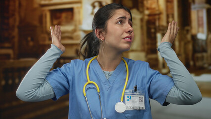 Young doctor in blue scrubs and id badge covers ears with yellow stethoscope amid wooden pews in...