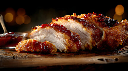 A platter of crispy, fried pork belly, sliced and drizzled with a rich sauce, suggesting a flavorful and hearty dish.