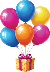 A festive arrangement showcases a gift box tied with a pink ribbon, gracefully lifted by a vibrant bunch of colorful balloons in pink, blue, yellow, and orange hues.